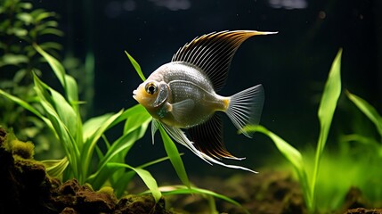 Beautiful Freshwater Angelfish Gracefully Hovering Near Lush Green Plant in a Well Maintained Aquarium Setting