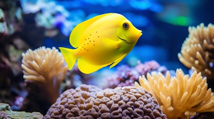 Obraz premium Stunning view of a bright yellow tang fish swimming gracefully through a vibrant coral reef with soft natural lighting illuminating the underwater scene