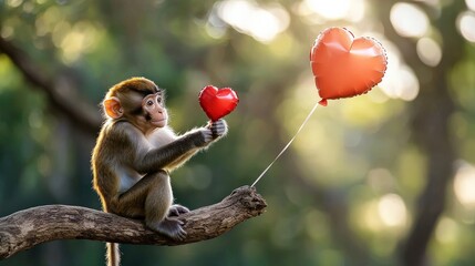 Fototapeta premium A cheerful monkey holding a red heart-shaped balloon while perched on a tree branch