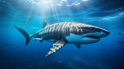 Fototapeta premium Majestic Tiger Shark Gracefully Gliding Through the Serene Blue Ocean Waters in a Tranquil Underwater Scene