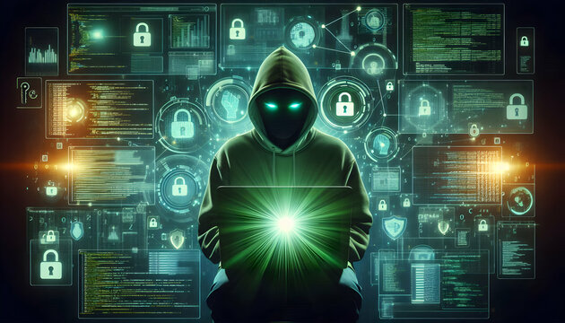 Hacker A mysterious hacker with glowing eyes, seated in front of a glowing green laptop, surrounded by virt3