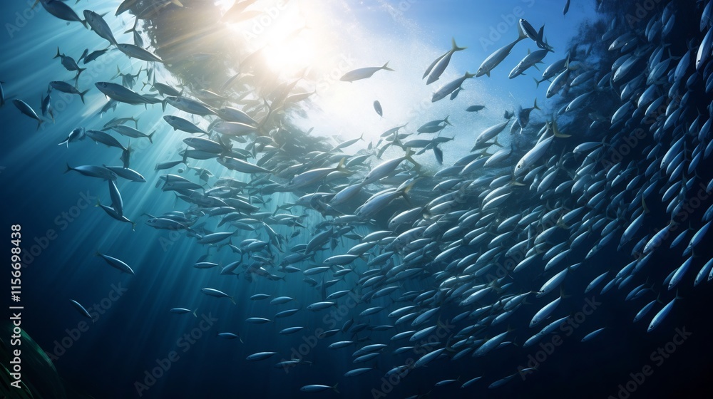 Poster shimmering wall of a shoal of sardines swimming together in the open ocean creating a dynamic and me
