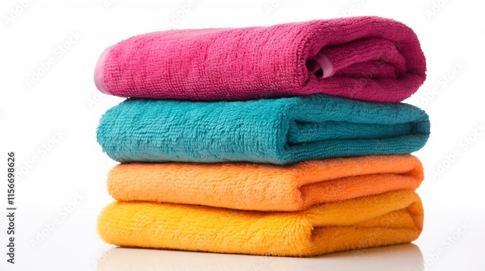 Poster neatly stacked and folded towels in various vibrant colors placed on a clean bright white background
