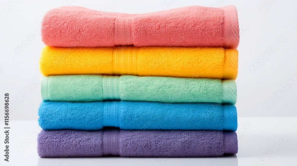 Poster a stack of neatly folded vibrant colored towels placed on a bright white background creating a clean