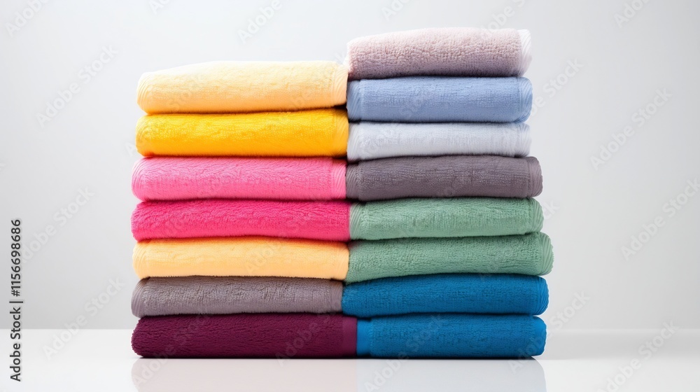 Poster neatly stacked colorful towels displayed on a bright white background highlighting the soft plush te