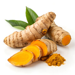 Turmeric root, isolated on a clean white background