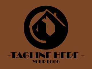 Letter O black circle with house shape inside and placeholder text below. Suitable for real estate marketing materials and construction websites