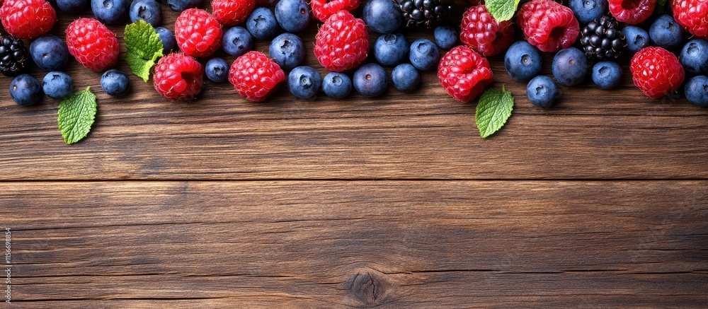 Poster berries and pancakes arranged on rustic wooden background with negative space for text and design el