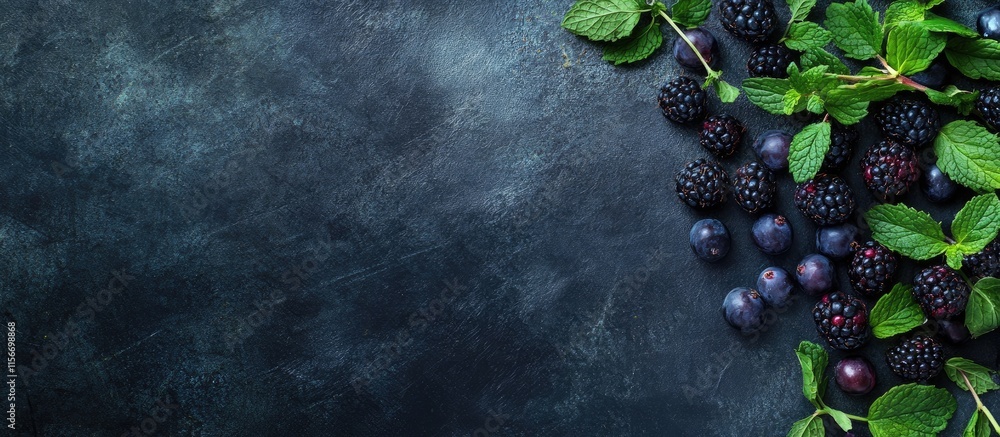 Poster blackberries and mint leaves on dark stone background with empty space for text placement and design