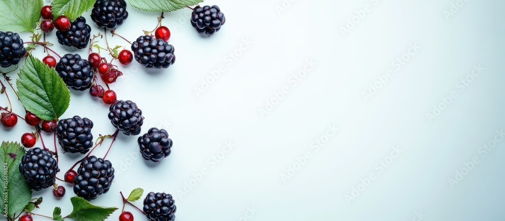 Poster fresh blackberries with red berries and green leaves arranged on a pale background creating a clean 