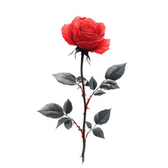 Single Red Rose with Thorns Gray Leaves White Background Floral Illustration