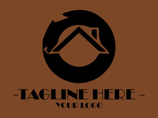 Letter O black circle with house shape inside and placeholder text below. Suitable for real estate marketing materials and construction websites