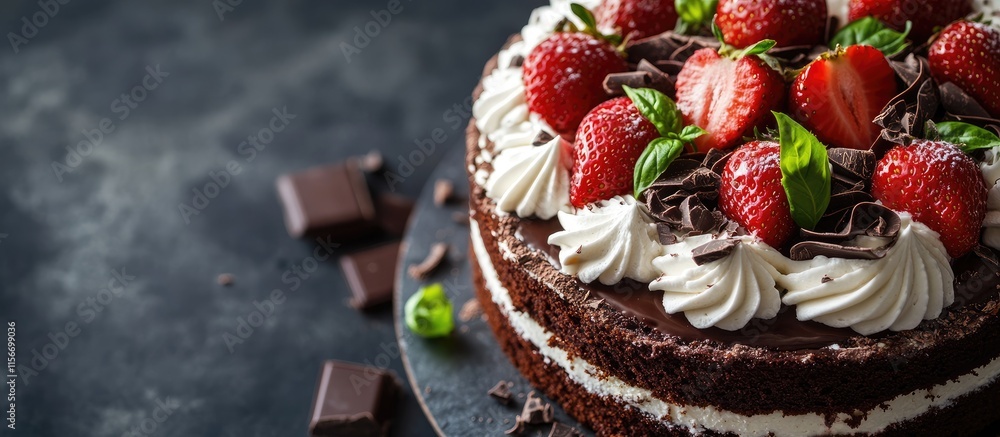 Poster decadent chocolate cake topped with fresh strawberries and basil whipped cream on a dark background 