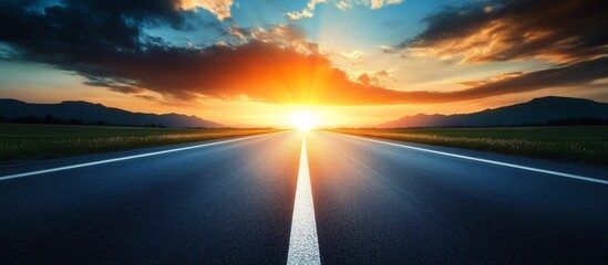 Tranquil Sunrise Landscape: Empty Road with Vivid Sky Sunset