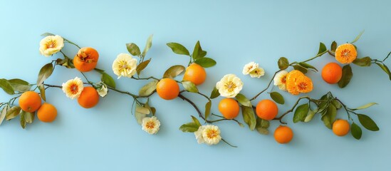 Fototapeta premium Citrus Garland Display with Orange and Tangerine Flowers on Blue Background for Decorative Organic Fruit Arrangement and Text Space