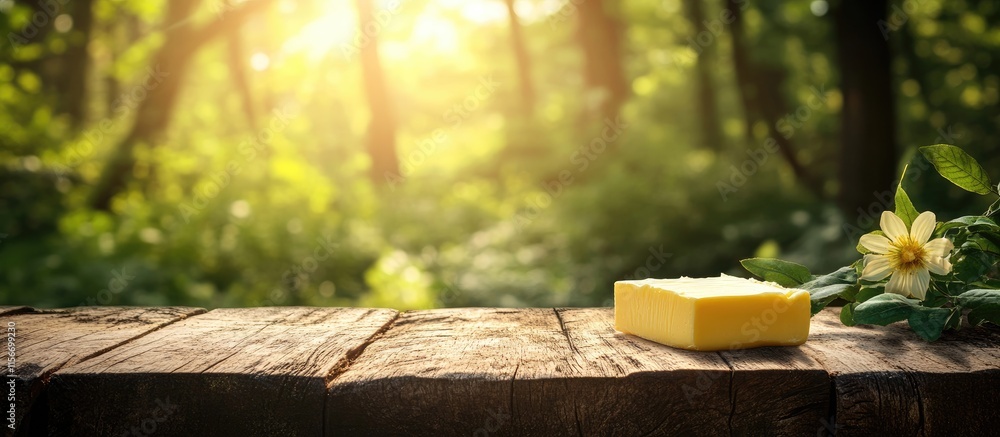 Poster fresh butter block on rustic wooden table surrounded by nature in forest with warm sunlight and spac