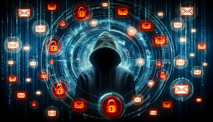 Hacker A hooded figure surrounded by floating email icons, glowing red phishing alerts, and binary codes, s4