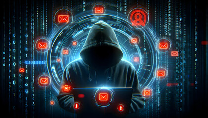 Hacker A hooded figure surrounded by floating email icons, glowing red phishing alerts, and binary codes, s3