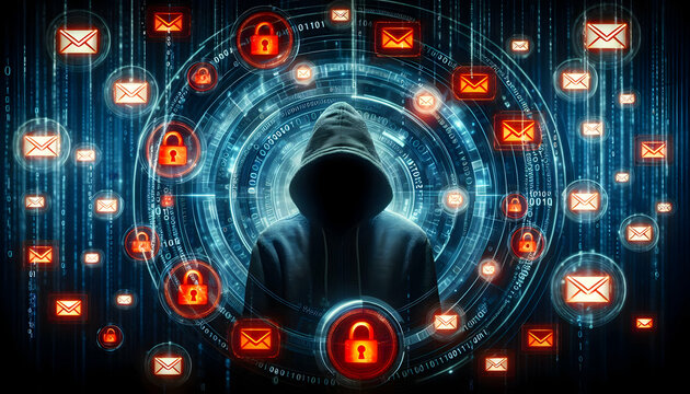 Hacker A hooded figure surrounded by floating email icons, glowing red phishing alerts, and binary codes, s4