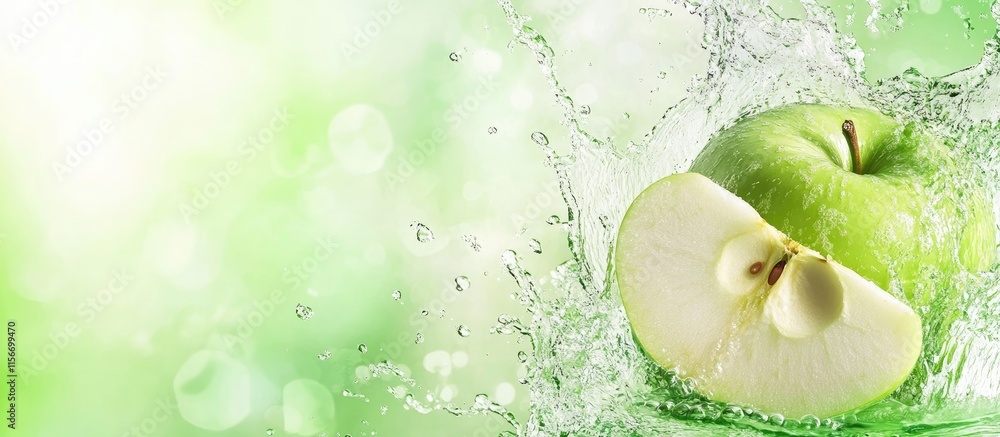 Poster green apple slice splashing in water on vibrant green background with ample space for text and desig