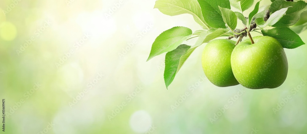 Poster fresh green apples on a tree branch surrounded by lush green foliage with a soft blurred background 