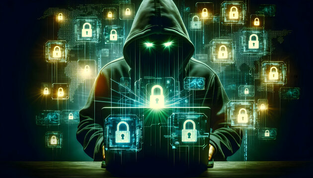 Hacker A hooded figure with glowing eyes, sitting in front of a glowing green laptop, surrounded by floatin4