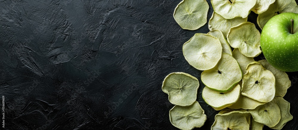 Poster dried green apple chips and slices on a dark surface with ample space for text or branding elements