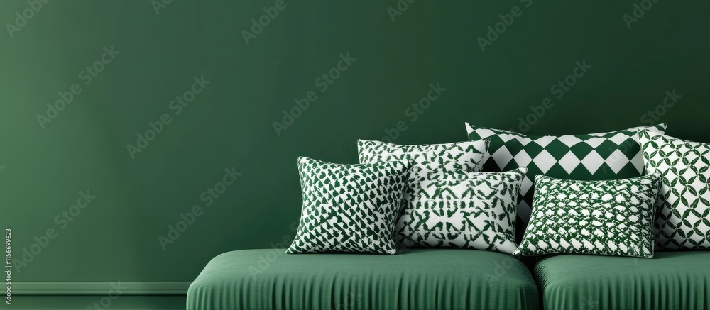 Poster minimalist living room with green sofa and patterned pillows creating a serene decor setting and amp
