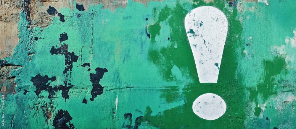 Poster graffiti stencil of an exclamation mark on a green and white wall with ample empty space for text an