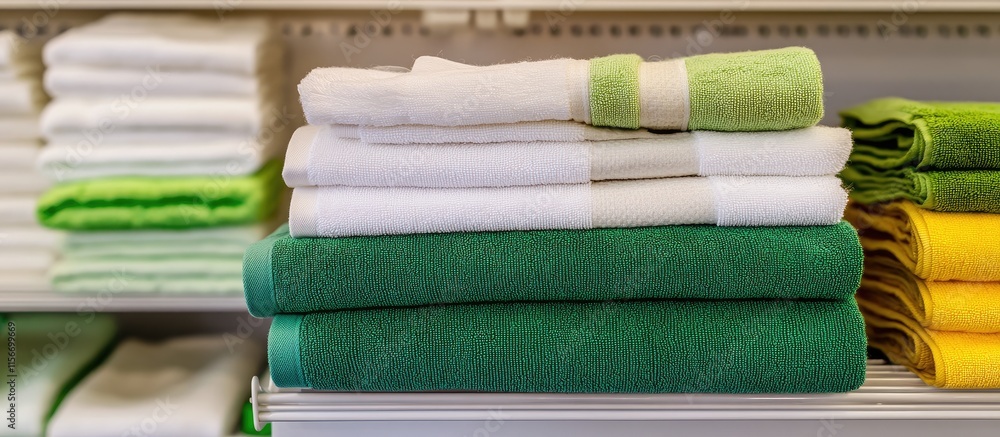 Poster colorful display of green and white fabric towels neatly arranged in a store with ample empty space 