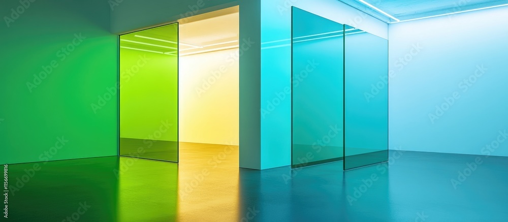 Poster minimalist studio space with vibrant green and blue glass walls reflecting light creating an invitin