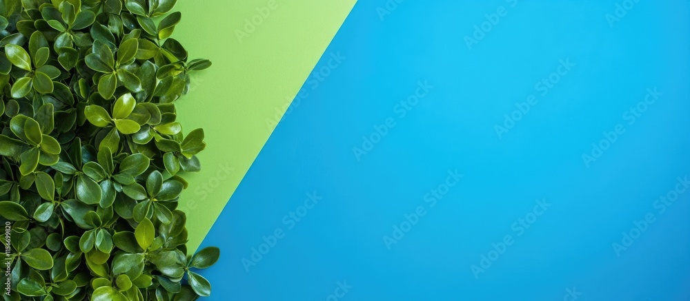 Poster vibrant green and blue abstract background with greenery providing ample copy space for text and gra