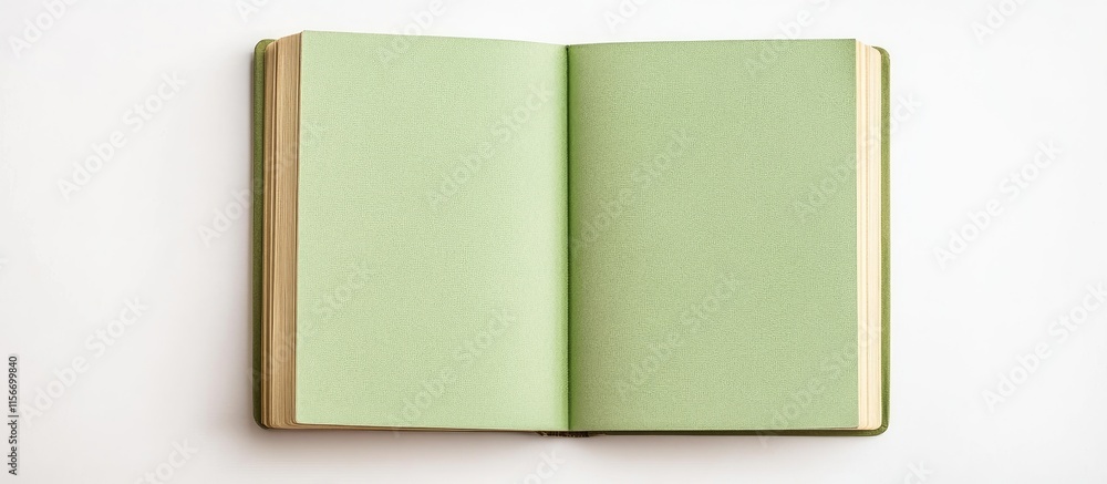 Poster wide open green book on a white background with blank pages for customizable text or designs in educ