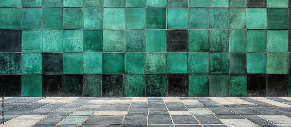 Aufkleber geometric green and black outdoor wall tile design in spacious setting with empty area for text plac