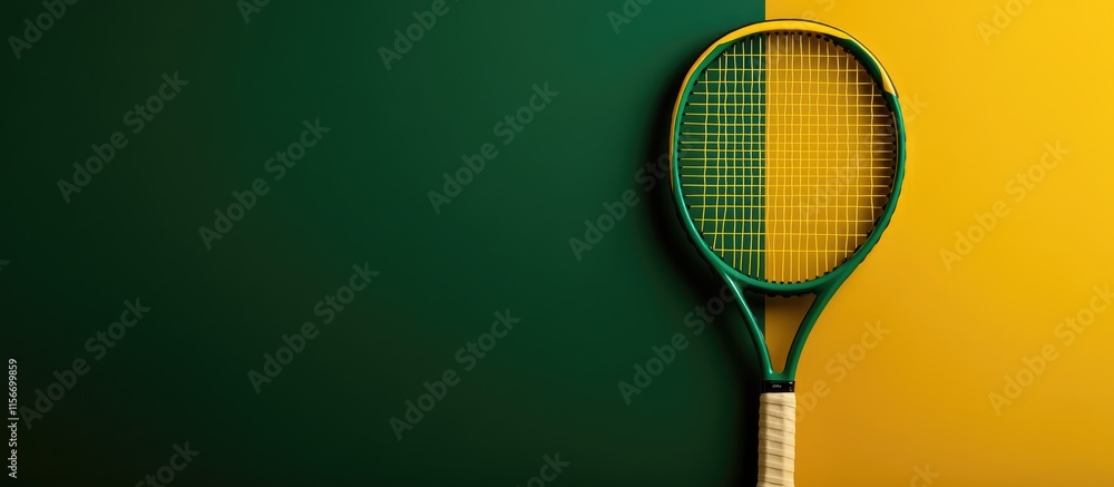 Poster green and yellow tennis racket positioned to highlight action with ample blank space for custom text