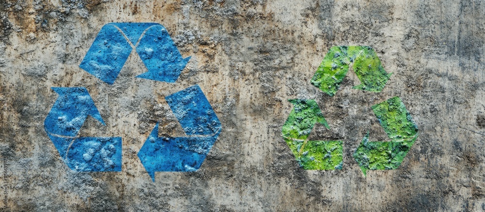 Poster recycling symbols in blue and green on a textured background with ample empty space for environmenta
