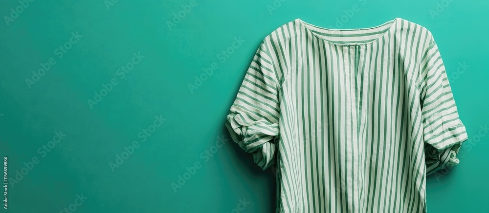 Poster green and white striped cotton blouse displayed on a turquoise background with ample space for text 