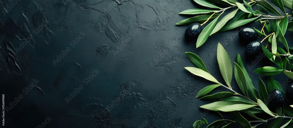 Poster olive branches with green and black olives and lush leaves on dark textured background creating an e