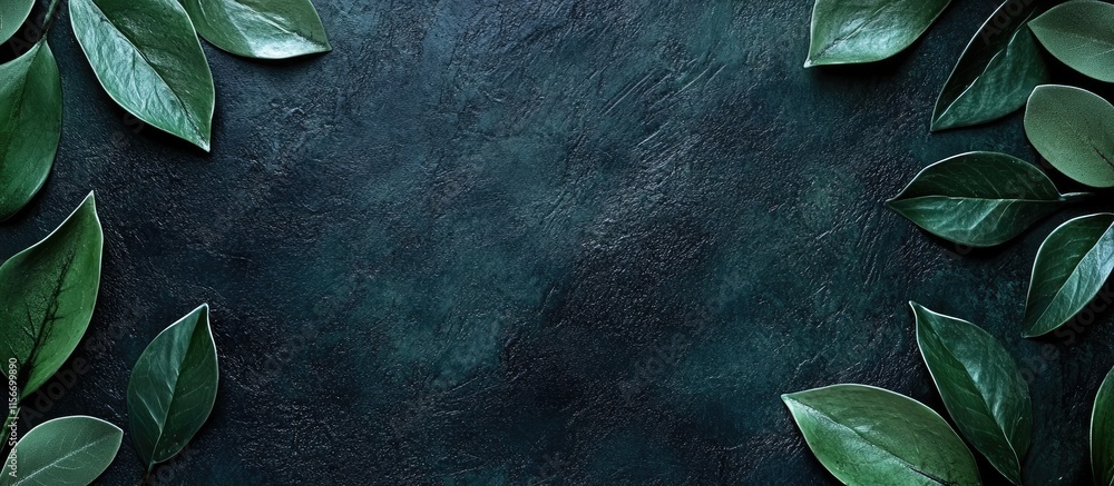 Poster textured green and black background featuring polished leaves and ample empty space for customizable