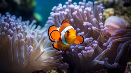 A pair of clownfish diligently guarding their freshly spawned eggs within a lush colorful coral reef underwater environment  The vivid colors intricate textures