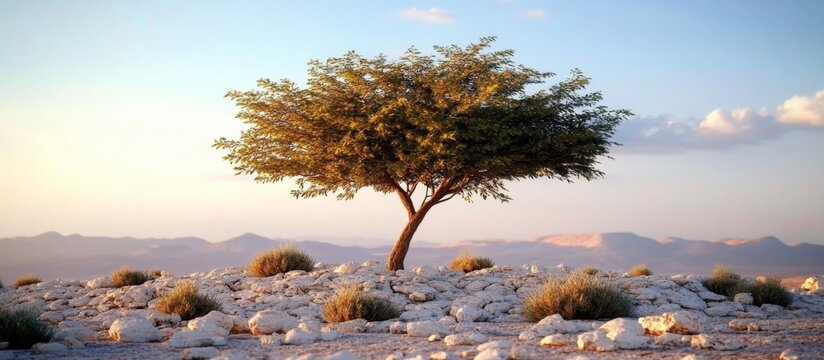 Lone tree at rocky hilltop with green canopy, Drought tolerant evergreen Ghaf