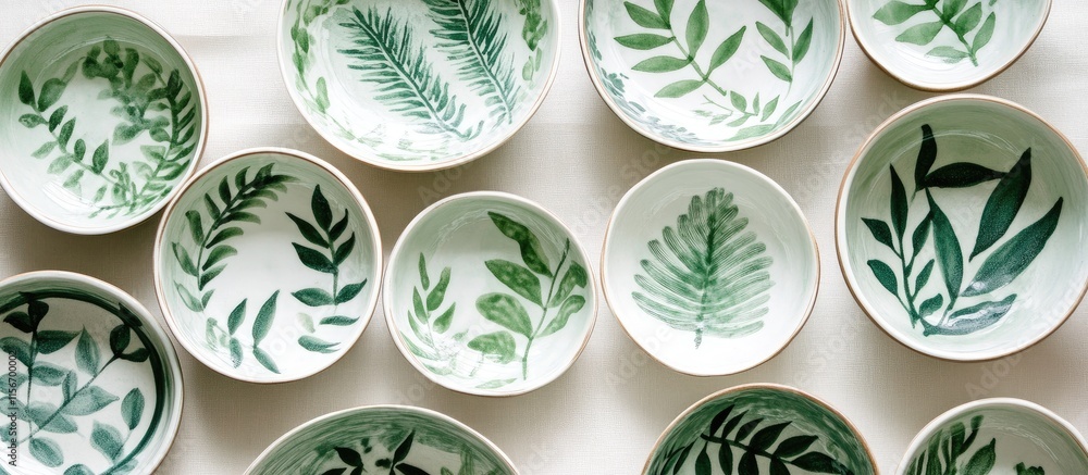 Aufkleber leafy green and white ceramics collection with leaf patterns and blank space for text on neutral bac