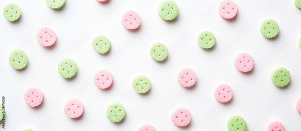 Poster polka dot pattern in green and pink with clear space for text on light background