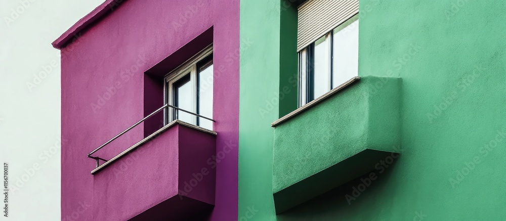 Poster minimalist building facade with green and plum colors featuring empty space for text and modern arch
