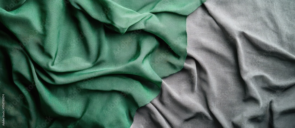 Poster textured green and gray fabric background with crumpled drapery and ample copy space for creative te