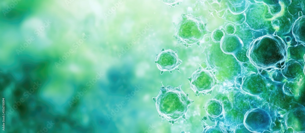 Poster vibrant green and blue algae background featuring bacteria cells with ample space for text overlay a
