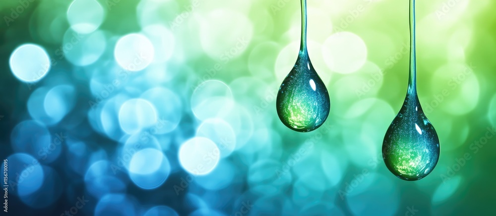 Poster elegant green and blue gradient background with three dripping water drops and ample copy space for 