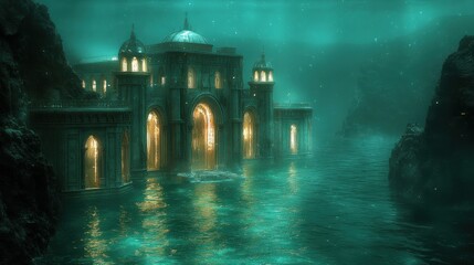 An ethereal underwater palace illuminated by soft lights, surrounded by tranquil waters.