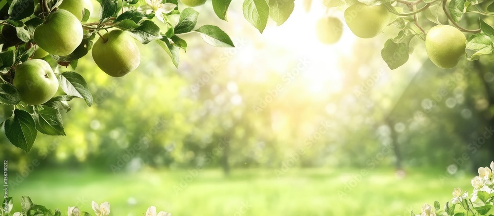 Poster green apples hanging on tree branches in lush orchard with sunlight and empty copy space for nature 