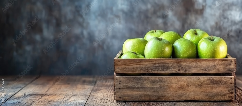 Poster green apples in rustic wooden box on weathered wood background with space for text or branding